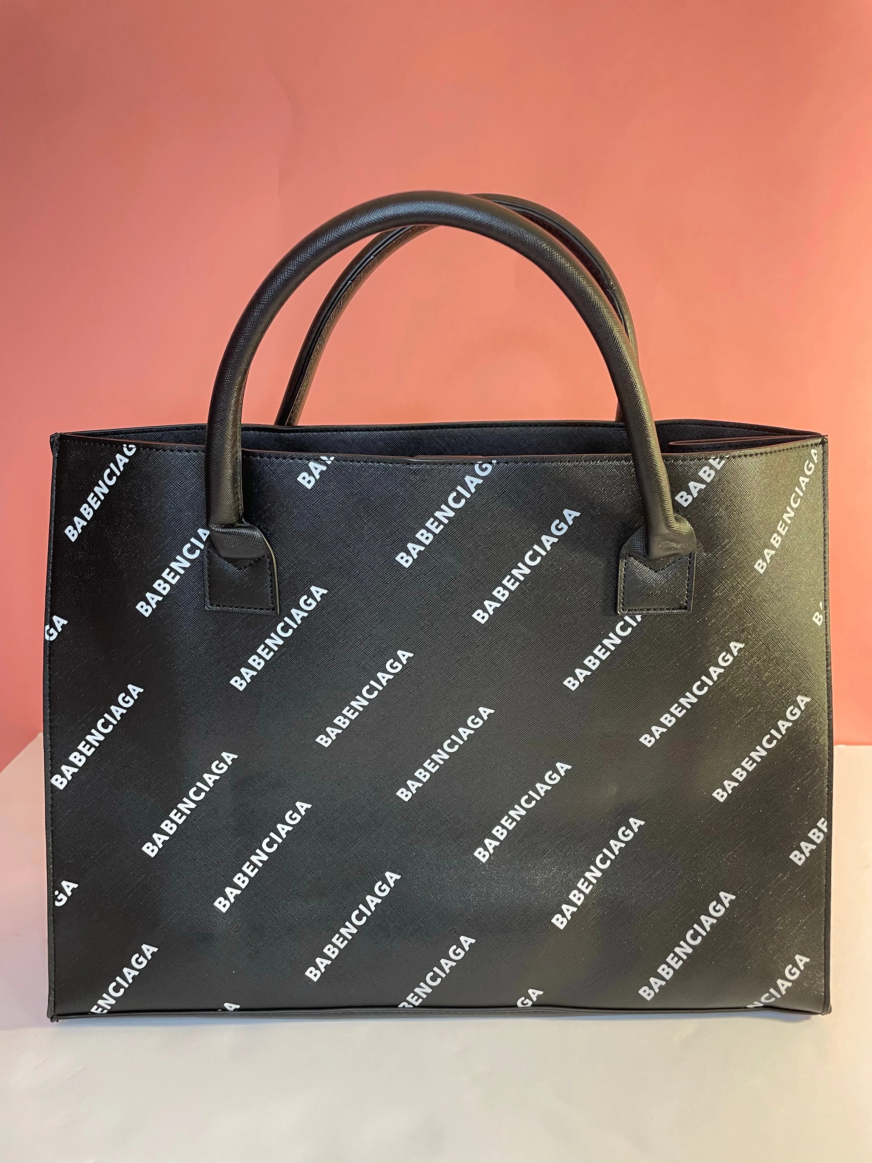 BABENCIAGA All Over Print Black Vegan Leather Tote Handbag
