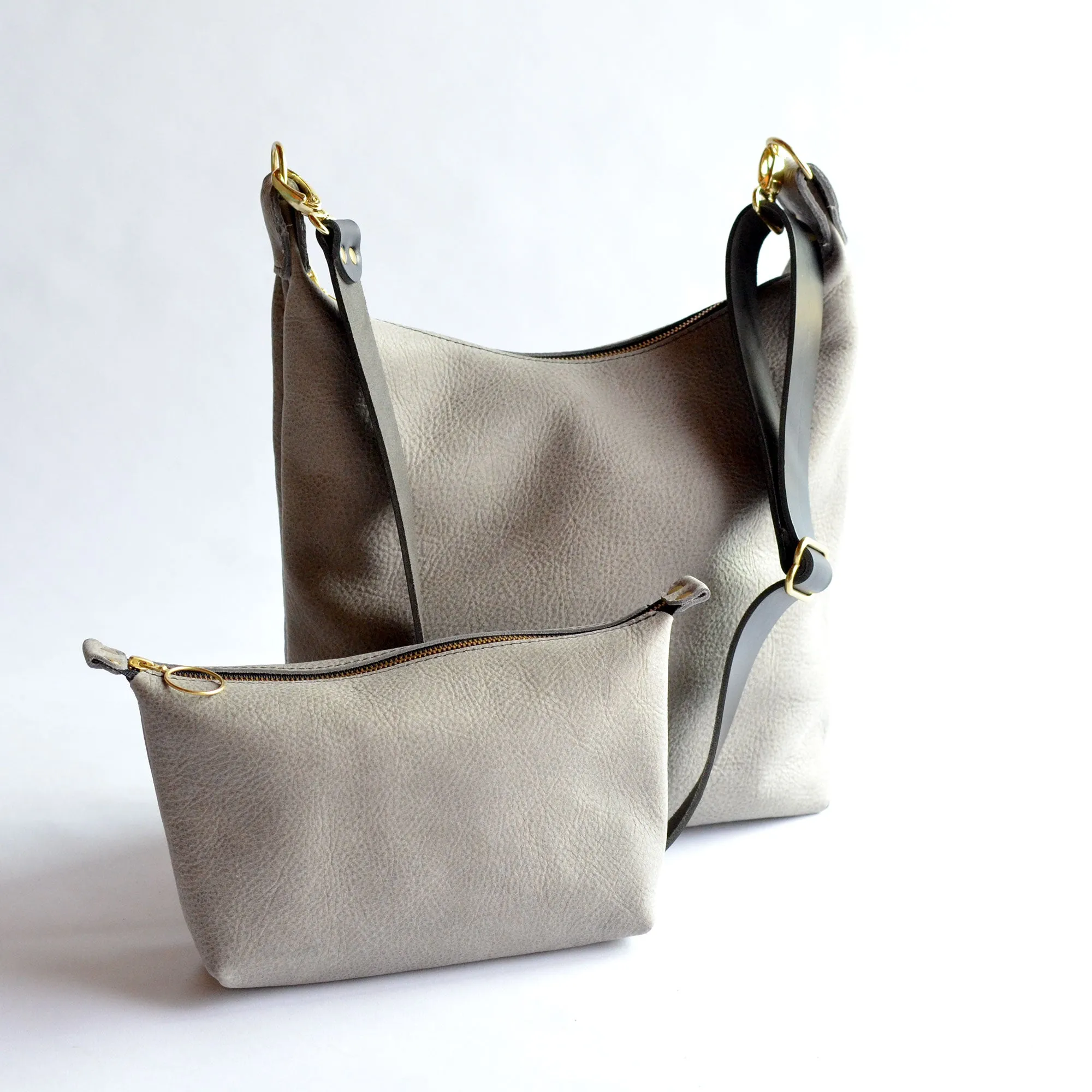 Leather BUCKET Crossbody Bag - Grey Leather