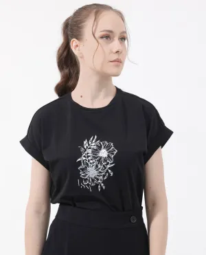 Rareism Women Ophili Black Cotton Elastane Fabric Crew Neck Knit Solid T-Shirt