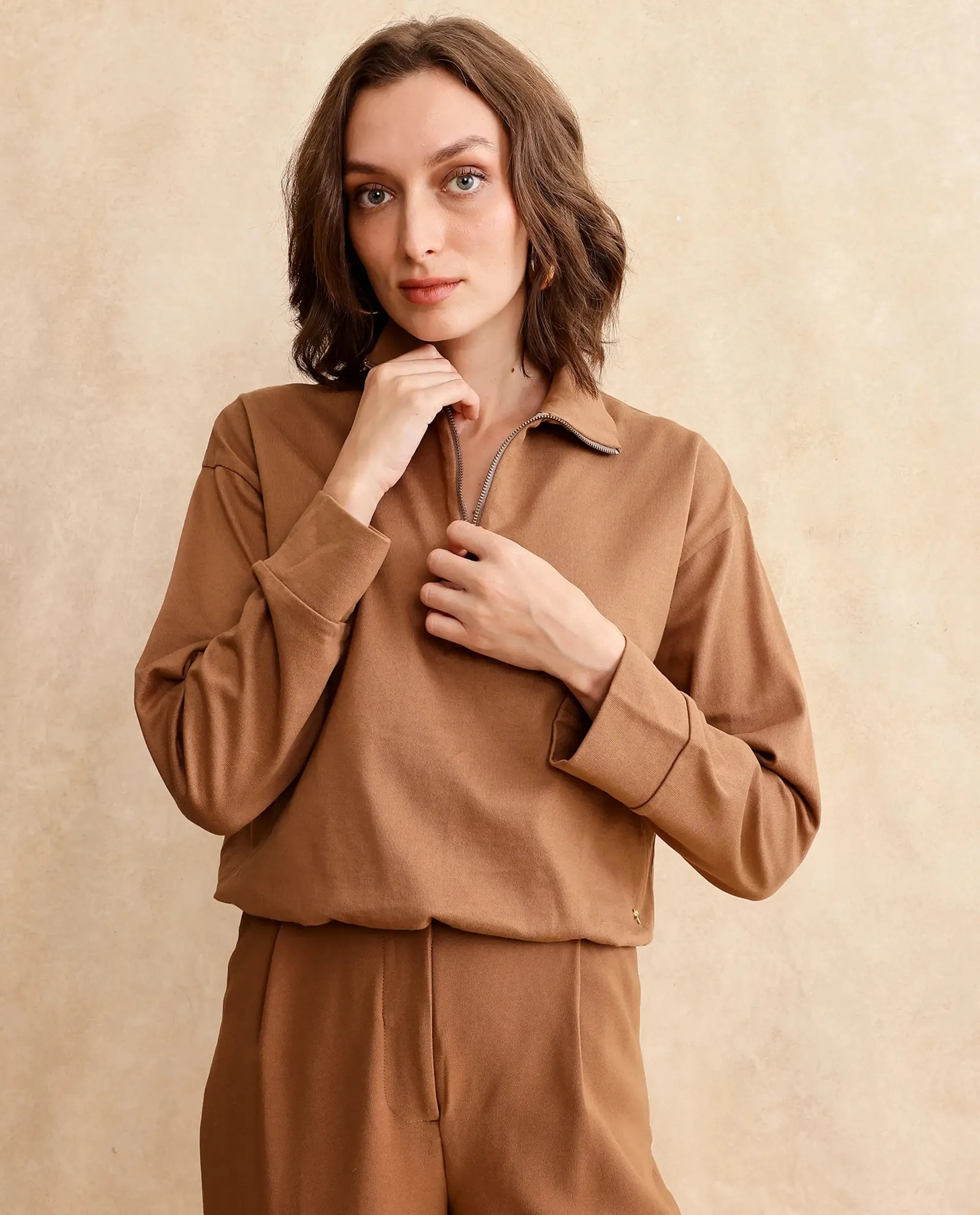 Rareism Women Velma Dark Beige Full Sleeve Collared Neck Zipper Closure Relaxed Fit Cropped Plain Top