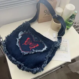 Sohiwoo Denim Fashion Large Capacity Japanese Harajuku Messenger Bags Shoulder Bags Commuter Bags Coin Purses Fashion Handbags Satchels