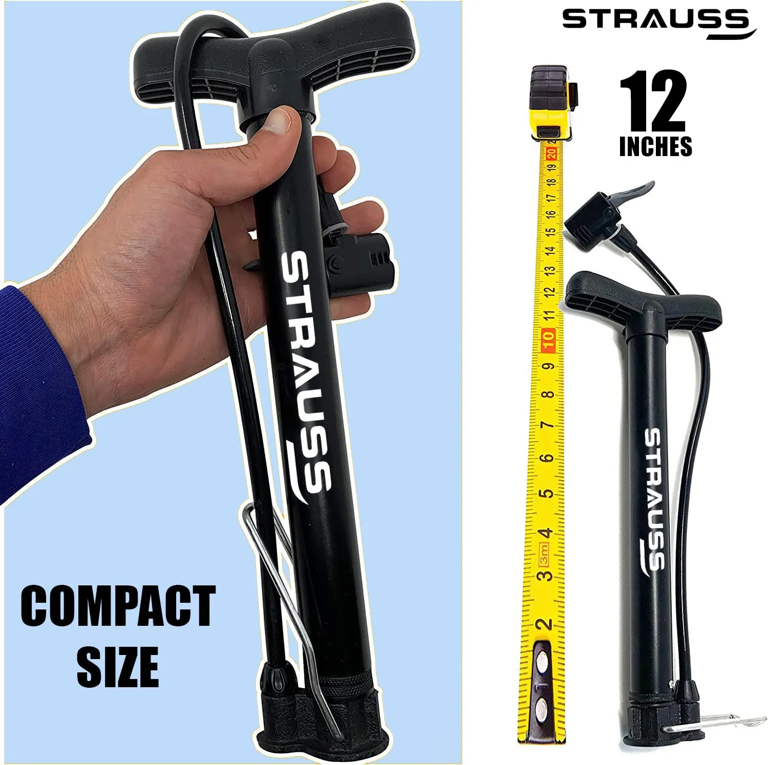 Strauss High Pressure Multipurpose Air Pump |Cycle Pump for Bicycle, Car, Football, Basketball |Balloon Pump Machine |Inflator Bicycle Floor Pump | Portable Hand Pump for Indoor & Outdoor Use,(Black)