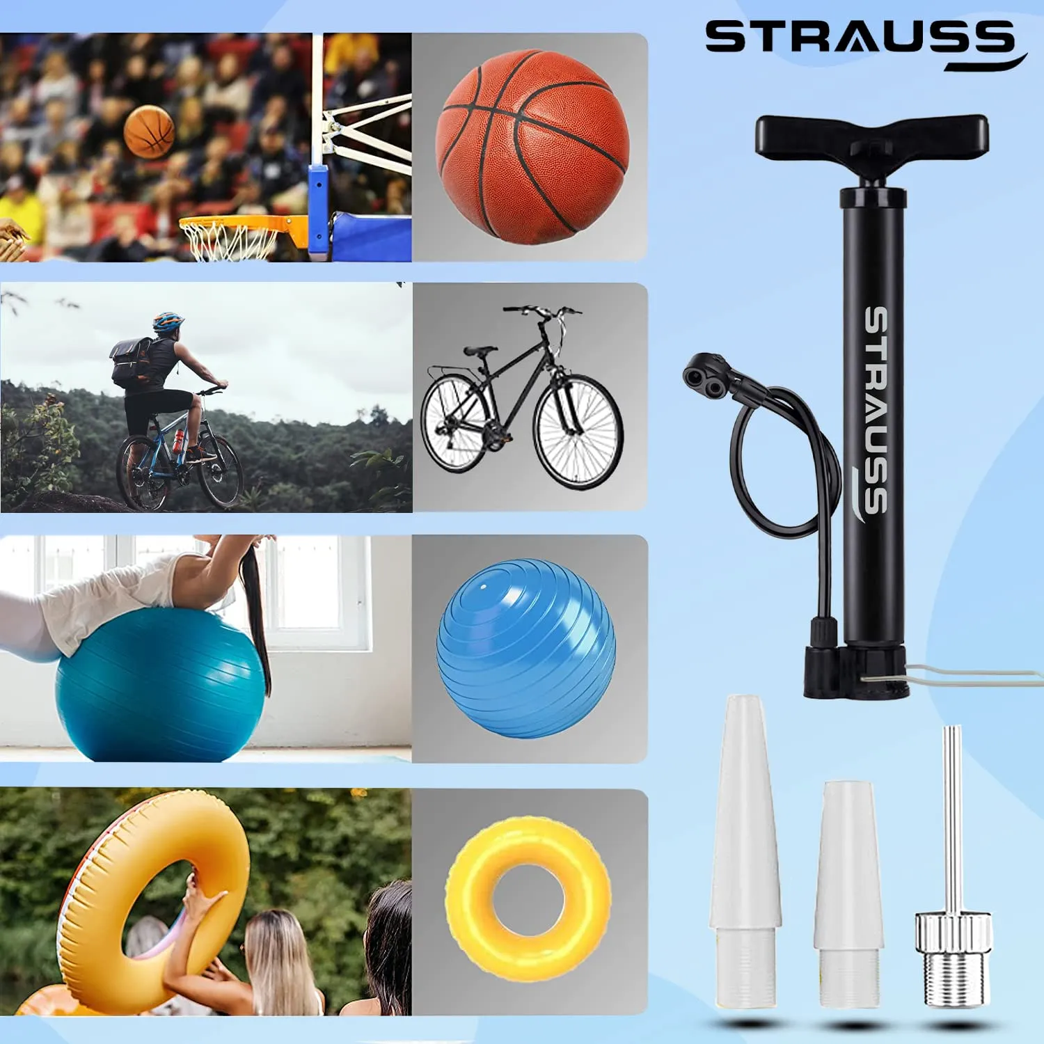 Strauss High Pressure Multipurpose Air Pump |Cycle Pump for Bicycle, Car, Football, Basketball |Balloon Pump Machine |Inflator Bicycle Floor Pump | Portable Hand Pump for Indoor & Outdoor Use,(Black)