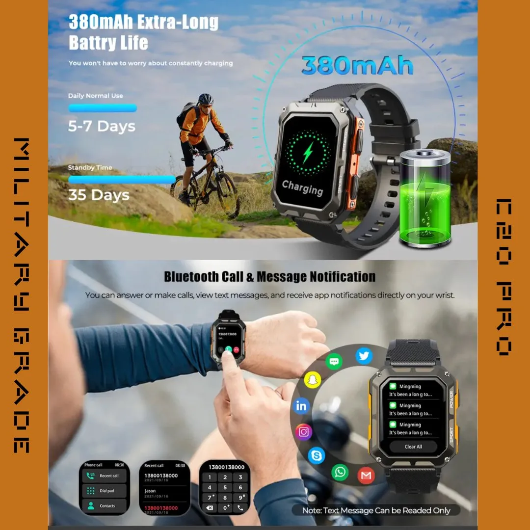 TUTT C20-Pro Men Military Rugged SmartWatch Speaker Pedometer IP68 Waterproof Outdoor 1.83'' HD Tactical Watch Sport Fitness Modes SpO2