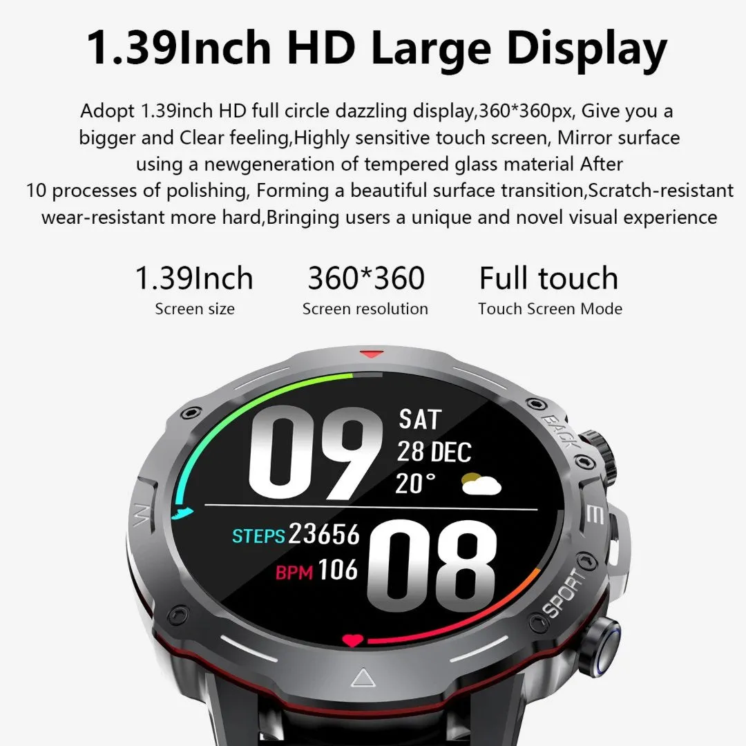 TUTT H9 Men Outdoor Sport Smart Watch with Speaker Activity Fitness Tracker SmartWatch Health Stress & Sleep Monitoring | 128 Memory | AI Voice IP67 GPS Exercise