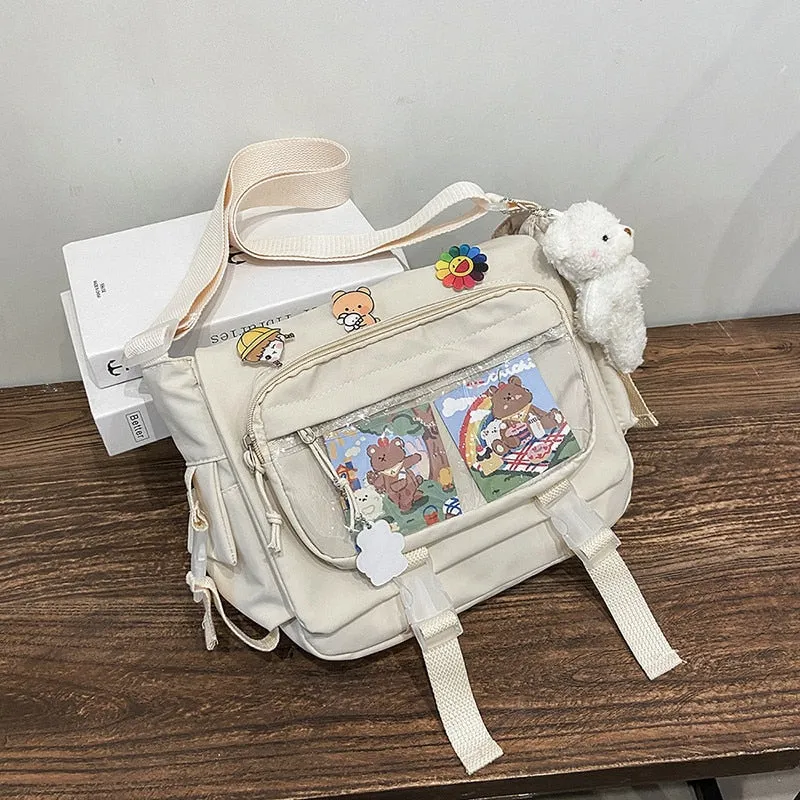 Wenkouban  Korean Student Preppy Style Messenger Bag Large-capacity Shoulder Bag Women Nylon Bag Transparent Pocket Crossbody Bag Satchels