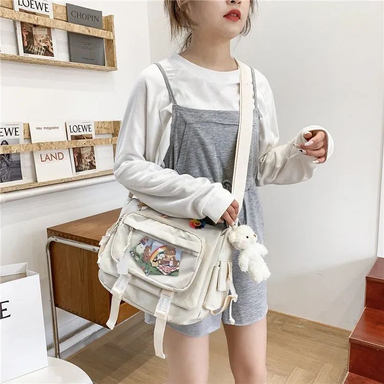 Wenkouban  Korean Student Preppy Style Messenger Bag Large-capacity Shoulder Bag Women Nylon Bag Transparent Pocket Crossbody Bag Satchels