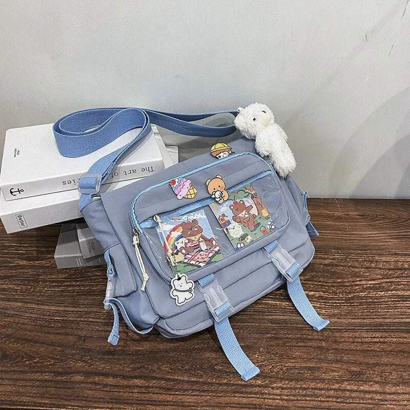 Wenkouban  Korean Student Preppy Style Messenger Bag Large-capacity Shoulder Bag Women Nylon Bag Transparent Pocket Crossbody Bag Satchels