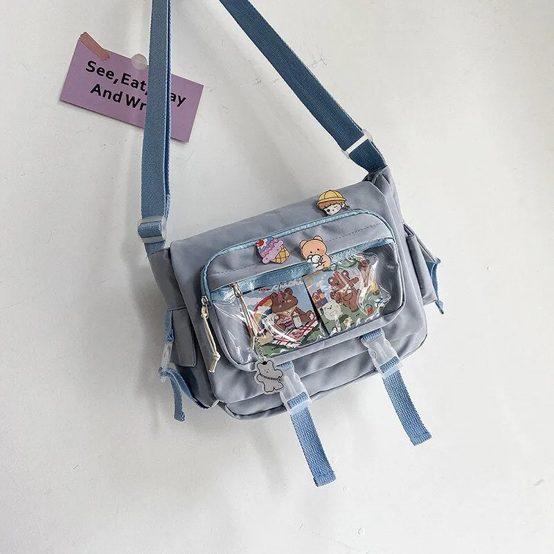 Wenkouban  Korean Student Preppy Style Messenger Bag Large-capacity Shoulder Bag Women Nylon Bag Transparent Pocket Crossbody Bag Satchels