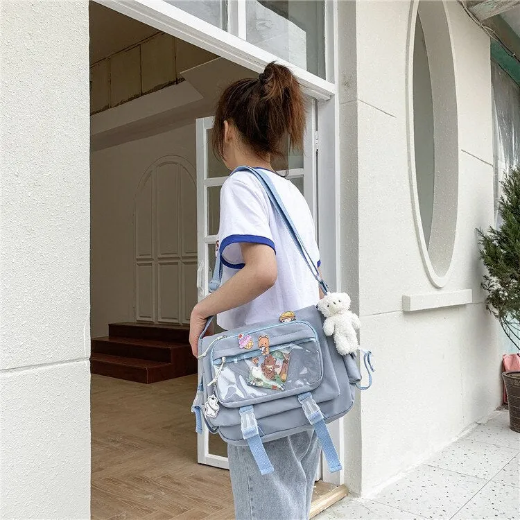 Wenkouban  Korean Student Preppy Style Messenger Bag Large-capacity Shoulder Bag Women Nylon Bag Transparent Pocket Crossbody Bag Satchels